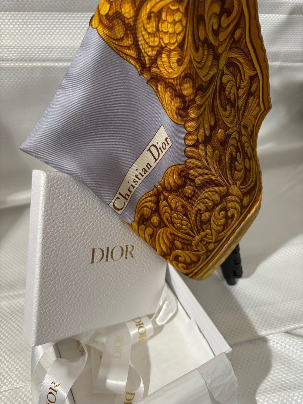 Dior Gold and Light Gray Silk Scarf with Baroque Motif